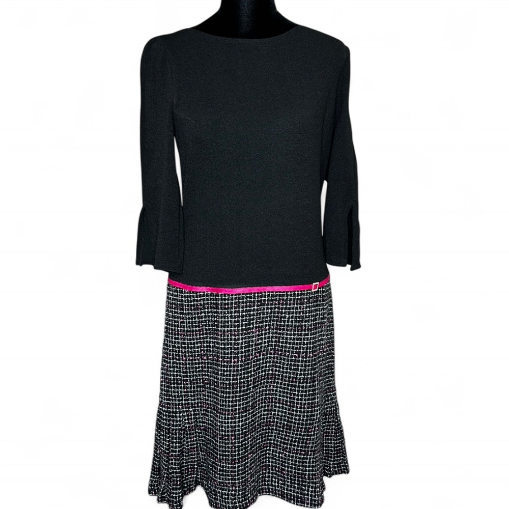 Elegant Black & White Tweed Midi Dress 6 W/Pink Belt Long Sleeves & Side Zipper